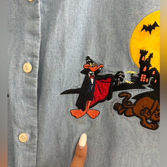 Vintage 90s Denim Embroidered Looney Toons Halloween Button Up - Picture 4 of 7